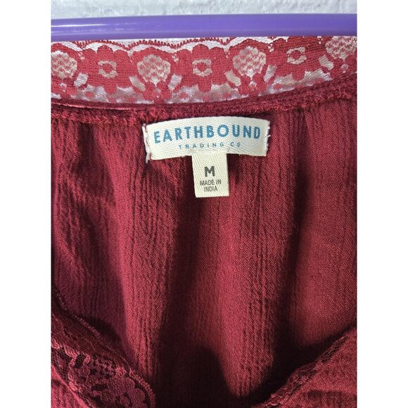 Earthbound Top Womens Medium Red Lace Trim Sleeveless Boho Ruffle Tank Rayon - Picture 3 of 8